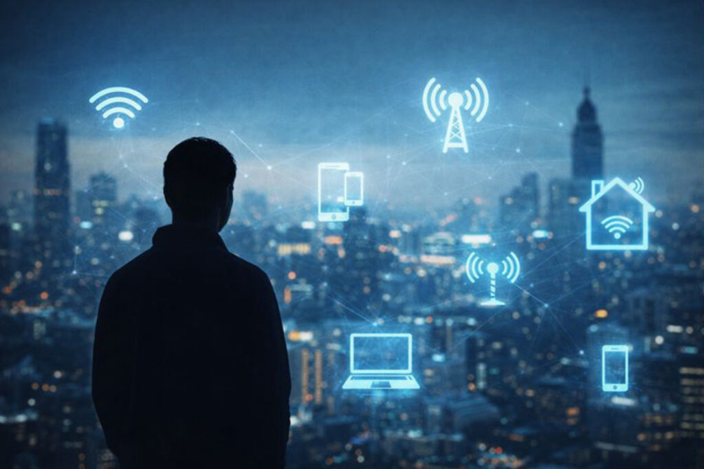 Man looking at city with EMF exposure