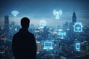 Man looking at city with EMF exposure