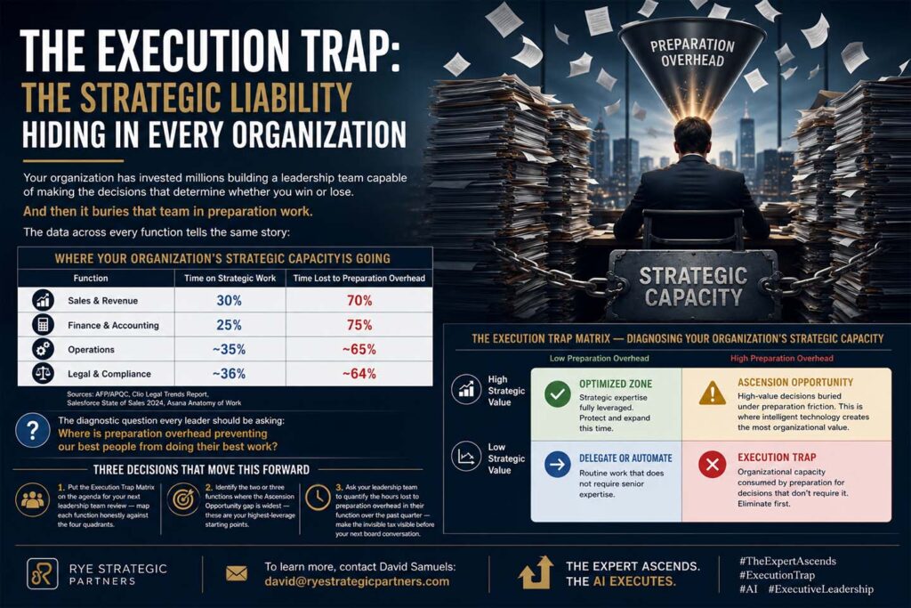 Executive leader surrounded by stacks of paperwork illustrating the execution trap, preparation overhead, and lost strategic capacity in modern organizations.
