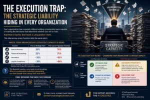 Executive leader surrounded by stacks of paperwork illustrating the execution trap, preparation overhead, and lost strategic capacity in modern organizations.