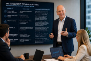 Business executive presenting an enterprise AI strategy to leadership team, illustrating the transition from generic AI chatbots to an integrated intelligent technology stack including machine learning, agentic AI, knowledge graphs, and workflow automation.